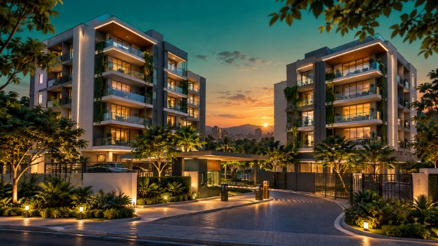 Ilustração de um condomínio residencial ao entardecer (imagem gerada por IA, ilustrativa).
