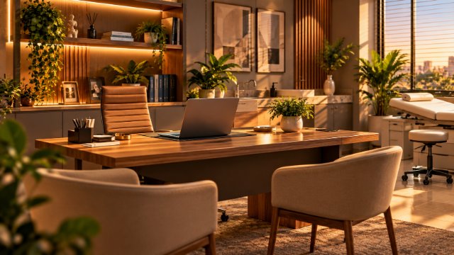 Ilustração de um consultório moderno com mesa e notebook (imagem gerada por IA, ilustrativa).
