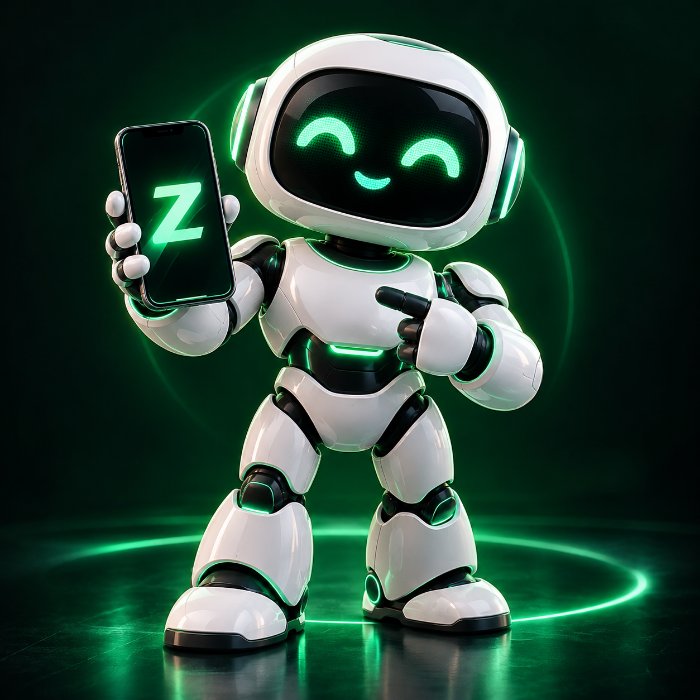 Mascote do Zeltivo: robô branco com olhos sorridentes verdes segurando um celular com a letra Z (imagem gerada por IA, ilustrativa).